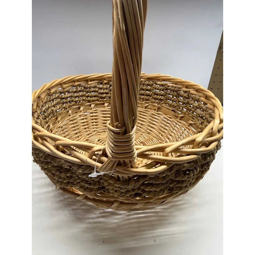 Natural Wicker Seagrass Round Basket with High Handle Farmhouse Decor 14.5in